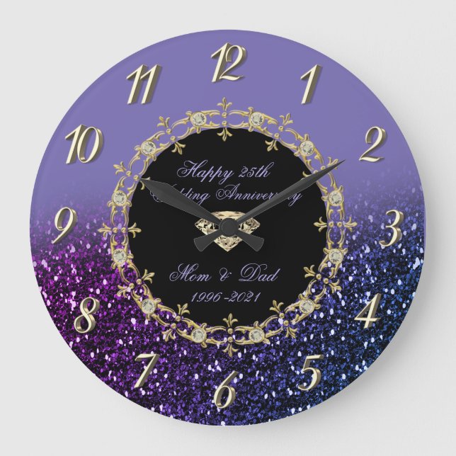 Diamonds Glitter Violet 25th Wedding Anniversary Large Clock (Front)
