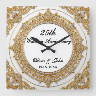 Diamonds & gold 25th Wedding Anniversary gift Square Wall Clock