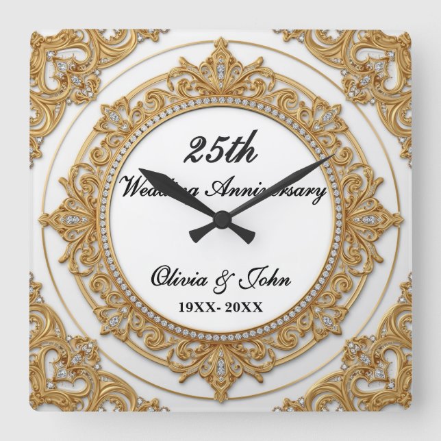 Diamonds & gold 25th Wedding Anniversary gift Square Wall Clock (Front)