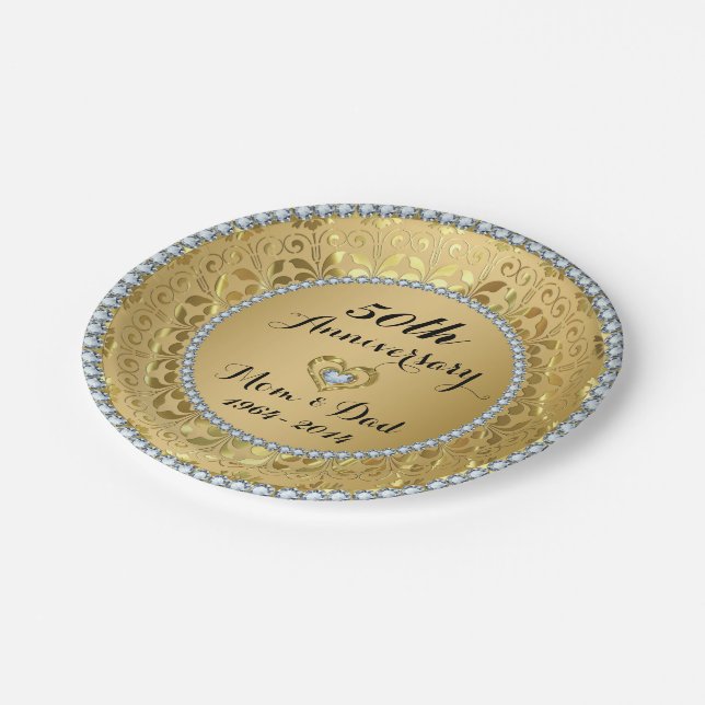 Diamonds & Gold 2 50th Wedding Anniversary Paper Plate (Angled)