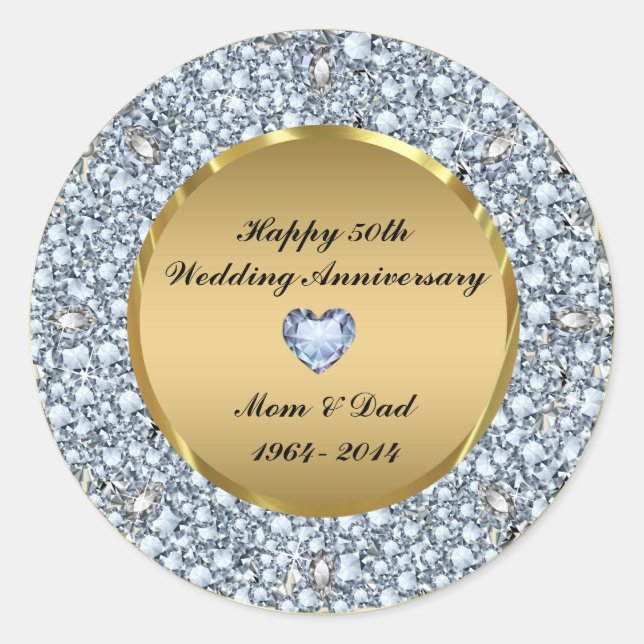 Diamonds & Gold 50th Wedding Anniversary Classic Round Sticker (Front)