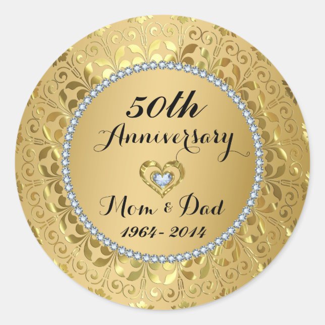 Diamonds & Gold 50th Wedding Anniversary Classic Round Sticker (Front)