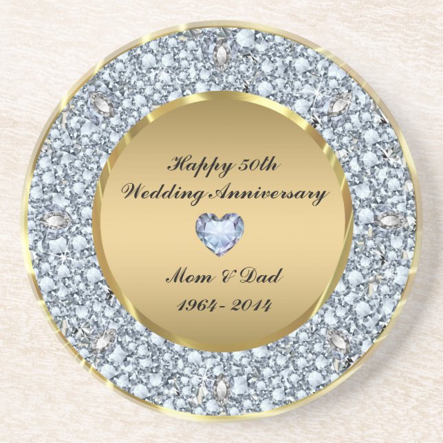 Diamonds & Gold 50th Wedding Anniversary Coaster (Front)
