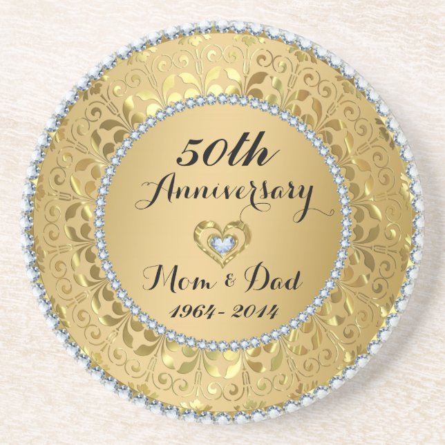 Diamonds & Gold 50th Wedding Anniversary Coaster (Front)