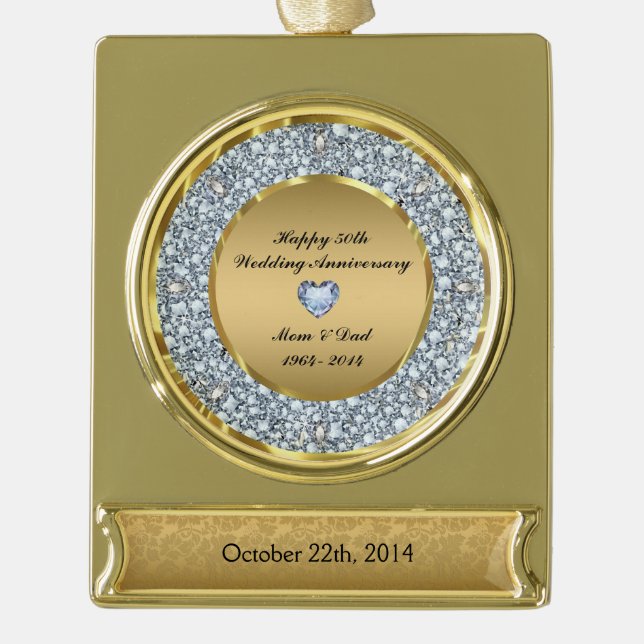 Diamonds & Gold 50th Wedding Anniversary Gold Plated Banner Ornament (Front)