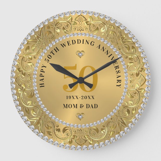 Diamonds  Gold 50th Wedding Anniversary Large Clock (Front)