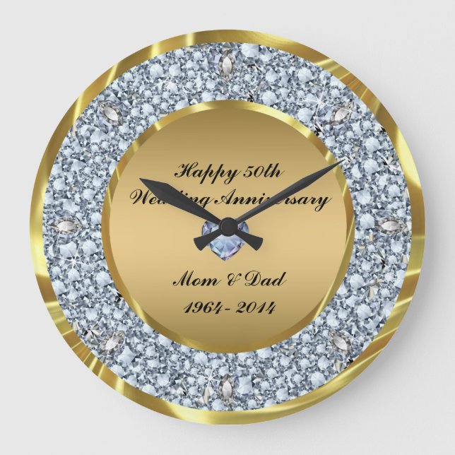 Diamonds & Gold 50th Wedding Anniversary Large Clock (Front)