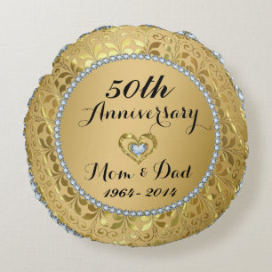 Diamonds & Gold 50th Wedding Anniversary Round Cushion