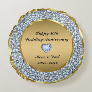 Diamonds & Gold 50th Wedding Anniversary Round Cushion