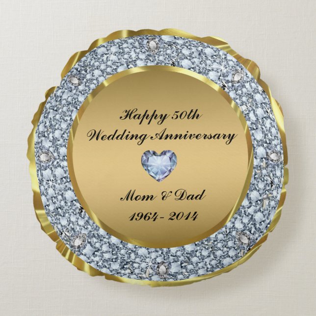 Diamonds & Gold 50th Wedding Anniversary Round Cushion (Front)