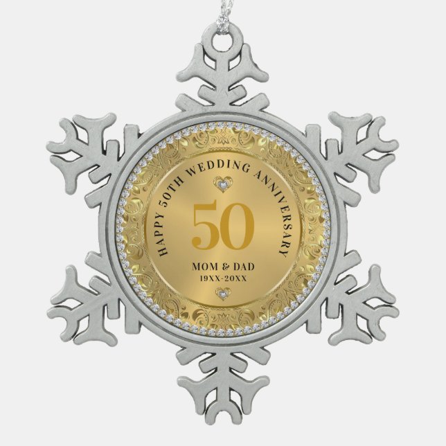 Diamonds  Gold 50th Wedding Anniversary Snowflake Pewter Christmas Ornament (Front)