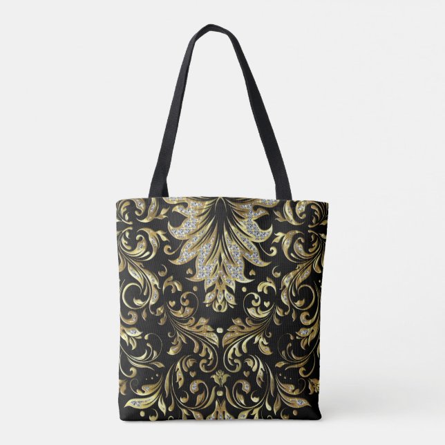 Diamonds & Gold Floral Design Tote Bag (Back)