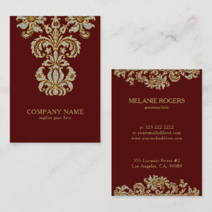 Diamonds & Gold Floral Swirl On Dark Red Business Card