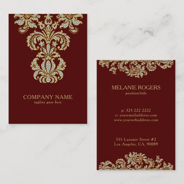 Diamonds & Gold Floral Swirl On Dark Red Business Card (Front/Back)