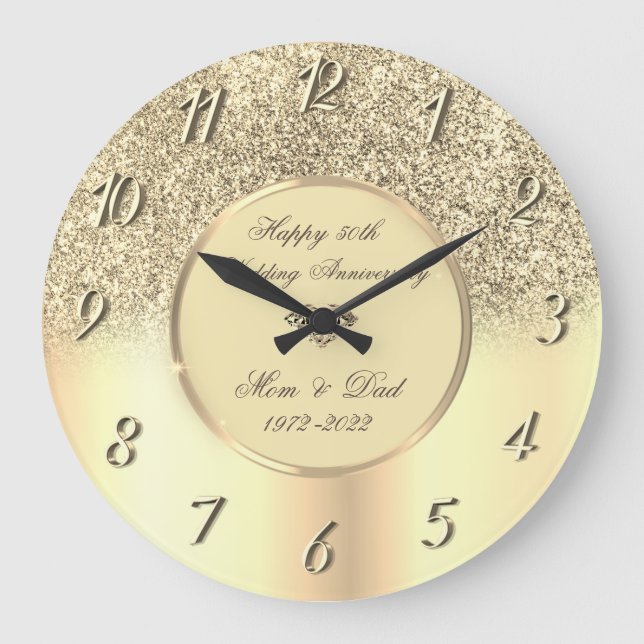 Diamonds Gold Glitter 50 Wedding Anniversary Large Clock (Front)