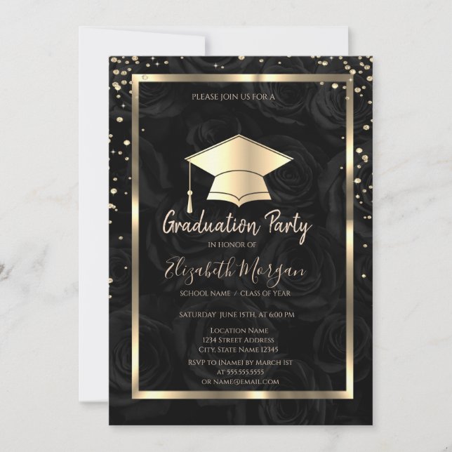 Diamonds Gold Grad Cap Black Roses Graduation  Invitation (Front)