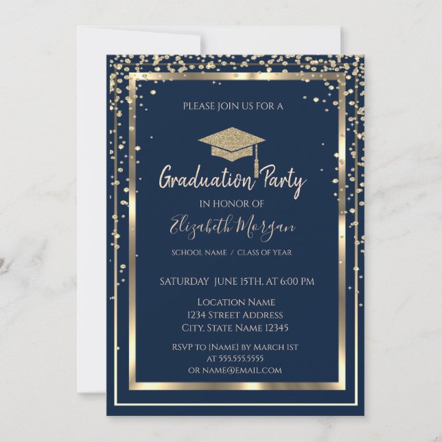 Diamonds Gold Grad Cap Blue Striped Graduation  Invitation (Front)