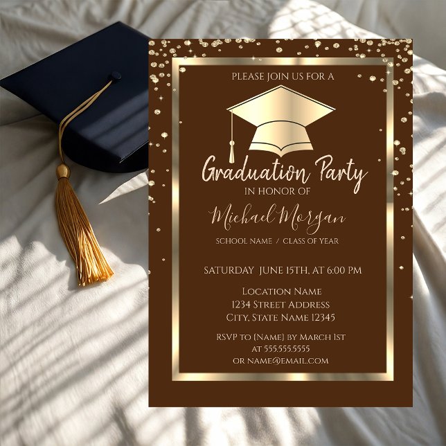 Diamonds Gold Grad Cap Brown Graduation   Invitation (Creator Uploaded)