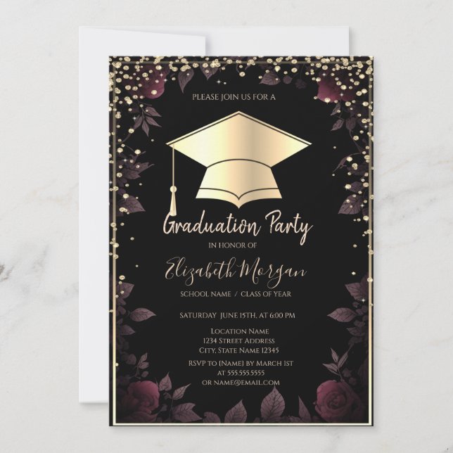 Diamonds Gold Grad Cap Dark Red Roses Graduation  Invitation (Front)