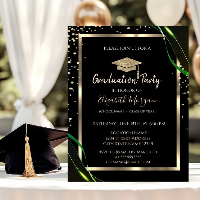Diamonds Gold Grad Cap Green Black Graduation  Invitation (Creator Uploaded)
