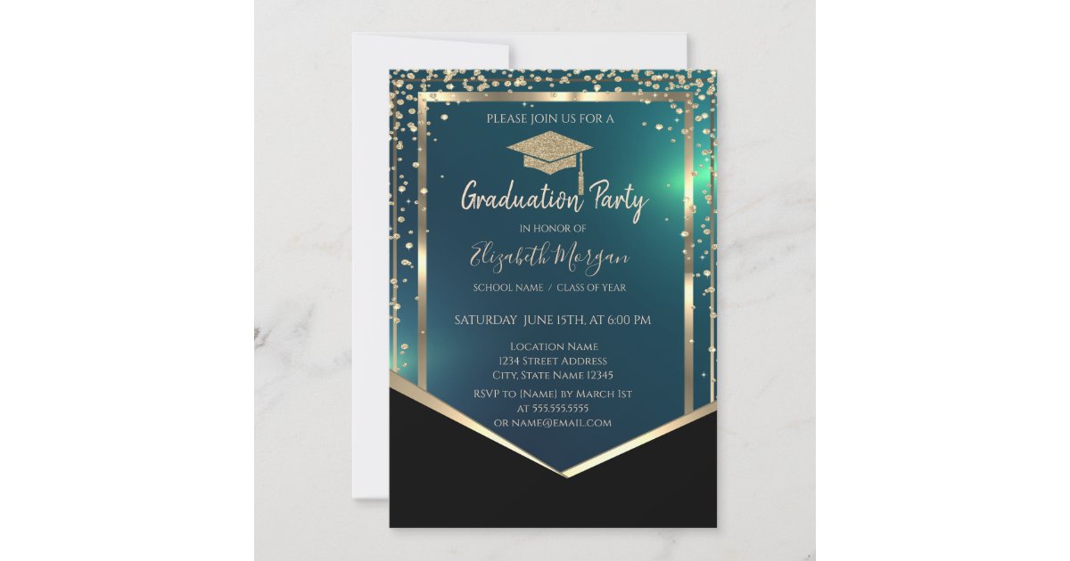 Diamonds Gold Grad Cap Green Graduation Invitation | Zazzle