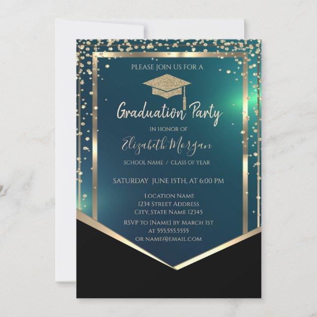 Diamonds Gold Grad Cap Green Graduation  Invitation (Front)