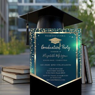 Diamonds Gold Grad Cap Green Graduation  Invitation