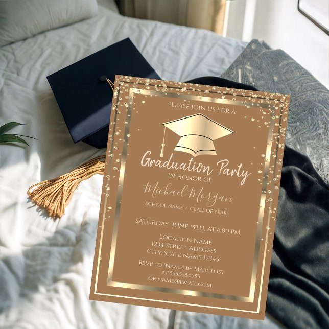 Diamonds Gold Grad Cap Light Brown Graduation   Invitation (Creator Uploaded)