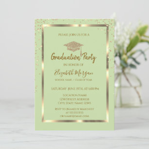  Diamonds Gold Grad Cap Light Green Graduation Invitation