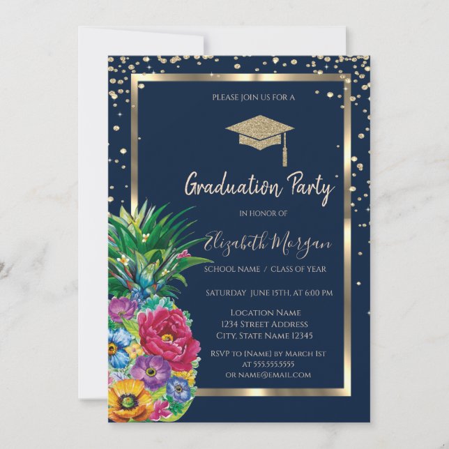 Diamonds Gold Grad Cap Pineapple Navy Blue  Invitation (Front)