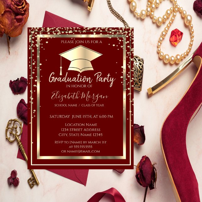 Diamonds Gold Grad Cap Red Graduation  Invitation (Creator Uploaded)