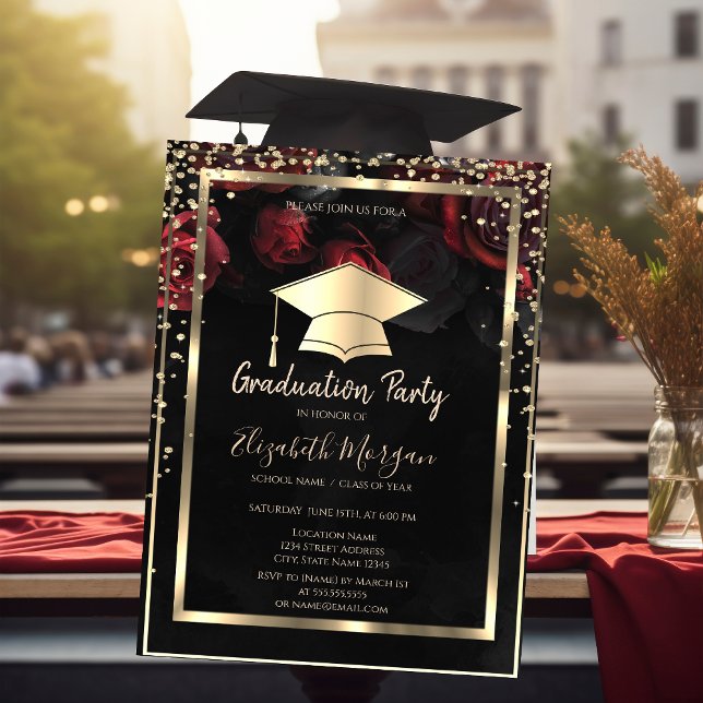 Diamonds Gold Grad Cap Red Roses Graduation  Invitation (Creator Uploaded)