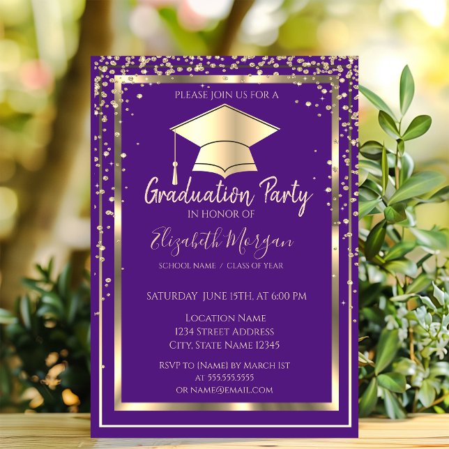 Diamonds Gold Grad Cap Violet Graduation   Invitation (Creator Uploaded)
