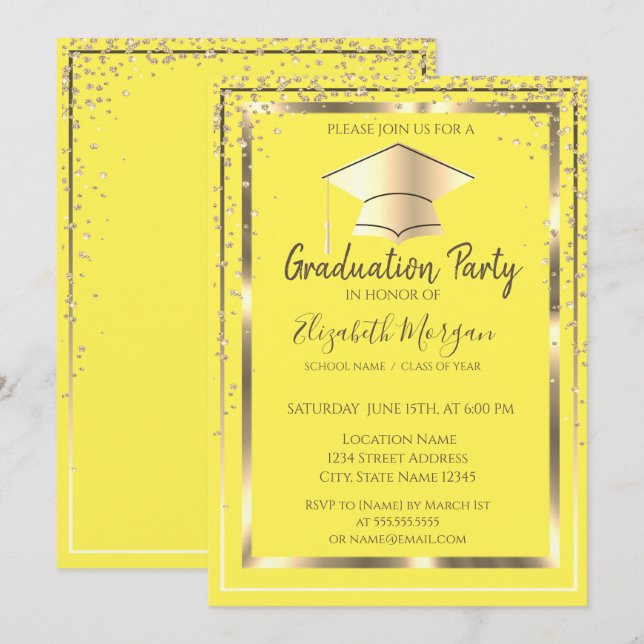 Diamonds Gold Grad Cap Yellow Graduation   Invitation (Front/Back)