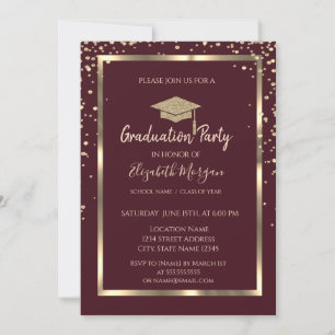 Diamonds Gold Graduation Cap Burgundy Graduation Invitation