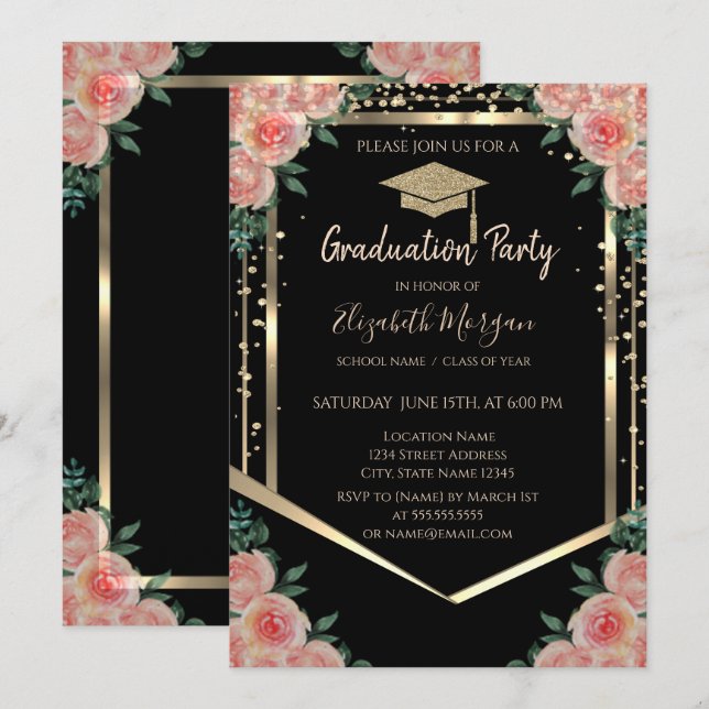 Diamonds Gold Graduation Cap Floral Graduation Invitation (Front/Back)