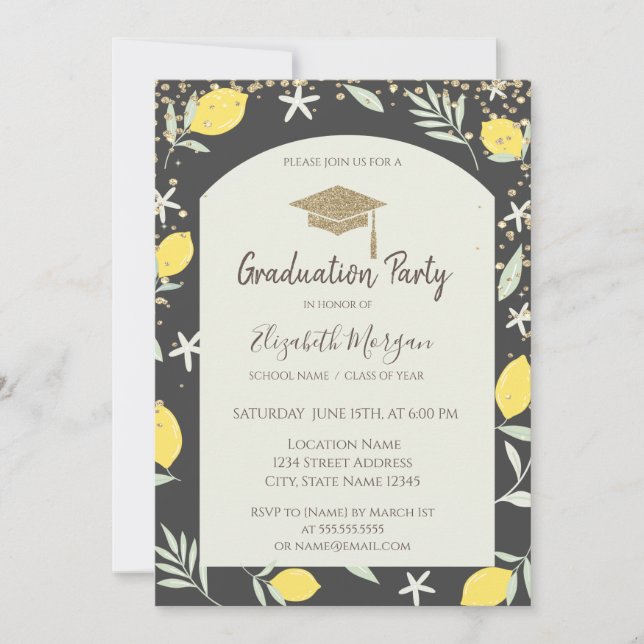 Diamonds Gold Graduation Cap Lemons Graduation Invitation (Front)
