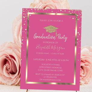 Diamonds Gold Graduation Cap Pink Graduation Invitation