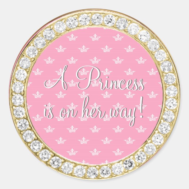 Diamonds Gold Pink Princess Crown Baby Shower Classic Round Sticker (Front)