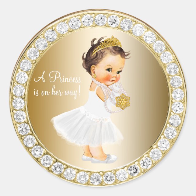 Diamonds Gold Princess Baby Shower Favour Classic Round Sticker (Front)