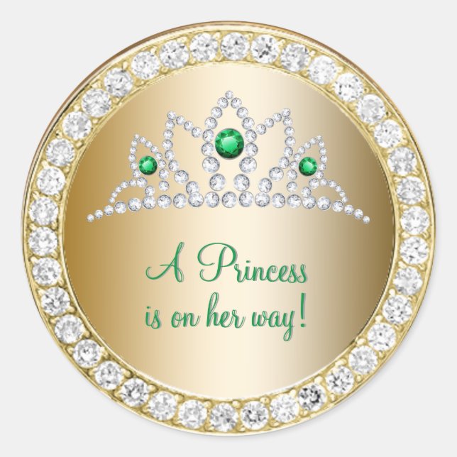 Diamonds Gold Princess Emerald Tiara Baby Shower Classic Round Sticker (Front)