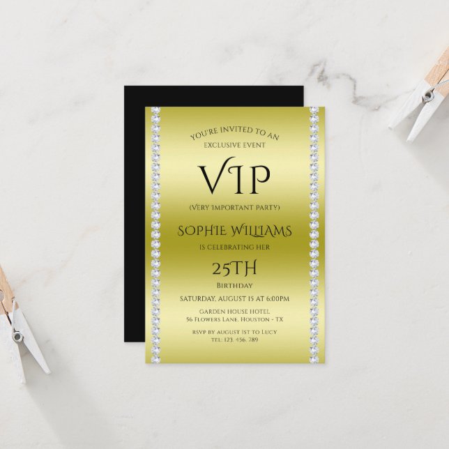 Diamonds & Gold VIP Birthday Party Invitation (Front/Back In Situ)