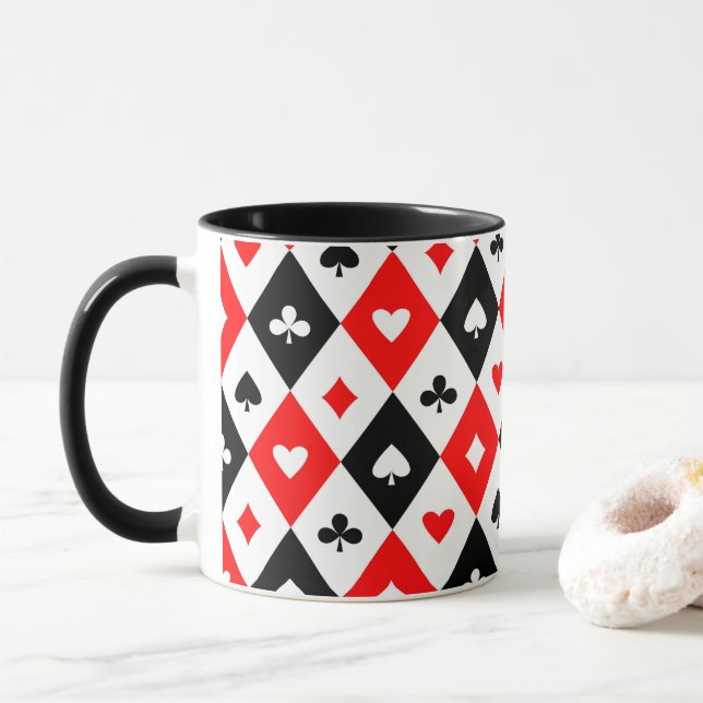 Diamonds Hearts Spades Clubs Playing Cards Pattern Mug (With Donut)