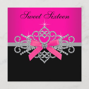 Diamonds Hot Pink Black Sweet 16 Birthday Party Invitation
