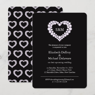 Diamonds in a heart black wedding invitation