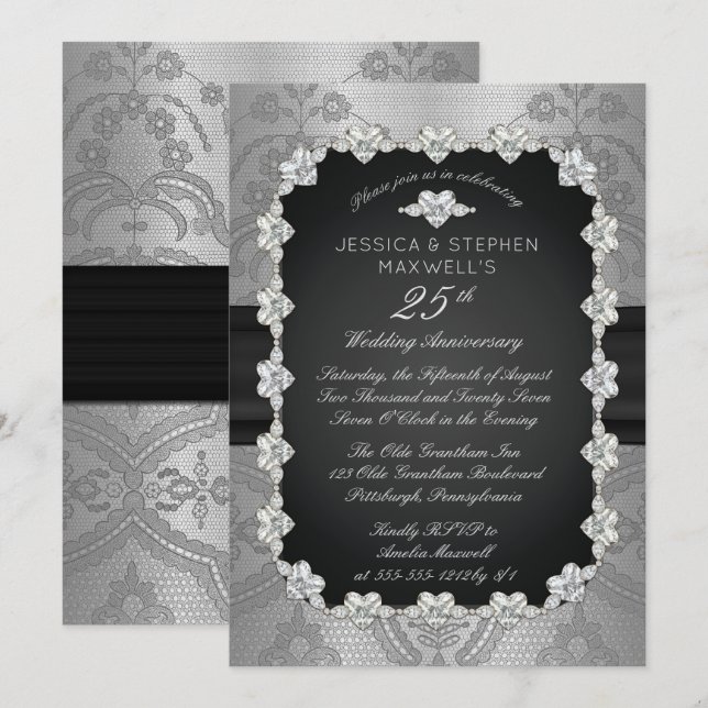 Diamonds | Lace 25th Silver Wedding Anniversary Invitation (Front/Back)