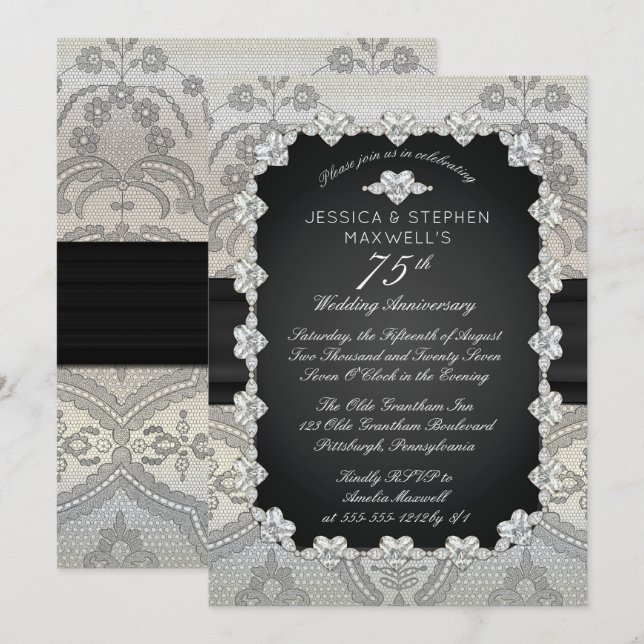 Diamonds | Lace 75th  Wedding Anniversary Invitation (Front/Back)