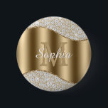 Diamonds, Large Gold Monogram, White Script Name 6 Cm Round Badge<br><div class="desc">Personalize large gold monogram and name in white script on gold wave with diamonds.</div>
