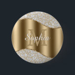 Diamonds, Large Gold Monogram, White Script Name 6 Cm Round Badge<br><div class="desc">Personalize large gold monogram and name in white script on gold wave with diamonds.</div>