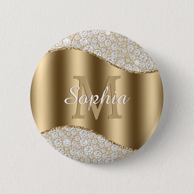 Diamonds, Large Gold Monogram, White Script Name 6 Cm Round Badge (Front)